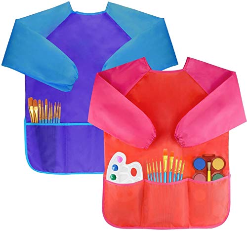 Amaza 2Pcs Malschürze Kinder Malkittel Bastelschürze 2-8 Jahre Langarm mit Klettverschluss (Blau & Rot) von Amaza
