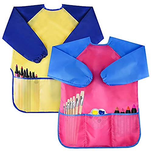 Amaza 2Pcs Malschürze Kinder Malkittel Bastelschürze 2-8 Jahre Langarm mit Klettverschluss (Gelb & Rosa) von Amaza