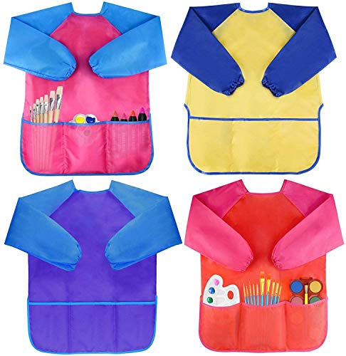 Amaza 4Pcs Malschürze Kinder Malkittel Bastelschürze 2-8 Jahre Langarm mit Klettverschluss (Blau & Rot & Gelb & Rosa) von Amaza