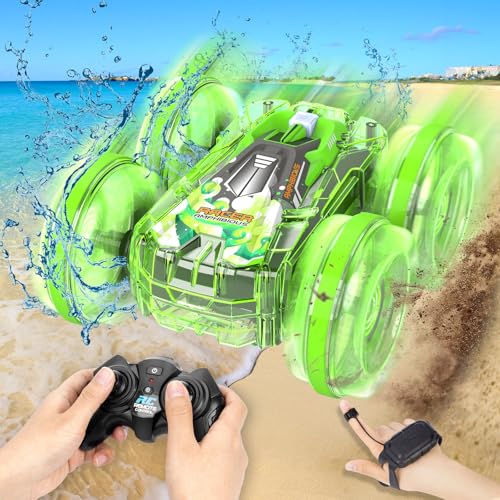 AmazeFun Amphibisches Ferngesteuertes Auto - Gestensensor 4WD 360° Drehbares RC Auto für Kinder, Amphibienfahrzeug mit Licht, Pool Strand Spielzeug Boot 4,5,6,7,8 + Jahre alte Kindergeschenke(Grün) von AmazeFun