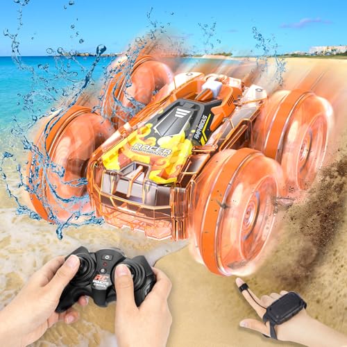 AmazeFun Amphibisches Ferngesteuertes Auto - Gestensensor 4WD 360° Drehbares RC Auto für Kinder, Amphibienfahrzeug mit Licht, Pool Strand Spielzeug Boot 4,5,6,7,8 + Jahre alte Kindergeschenke(Orange) von AmazeFun