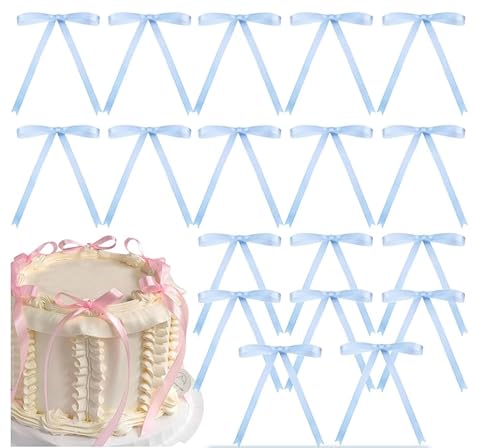 Amazleer 20 hellblaue Bänder mit Schleife, Kuchendekorationen für Kuchendekorationen, Hochzeitsfeier, Kuchendekorationen für Geburtstag, Braut, Hochzeit, Party, Kuchendekoration (hellblau) von Amazleer