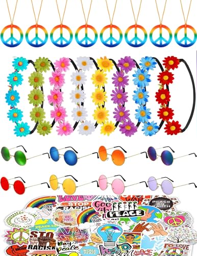 Amazleer Hippie-Kostüm-Zubehör, Friedenszeichen-Halsketten, mehrfarbig, Gänseblümchen, Stirnbänder, Hippie-Sonnenbrille, Party-Dekorationen, Friedensaufkleber (70) von Amazleer