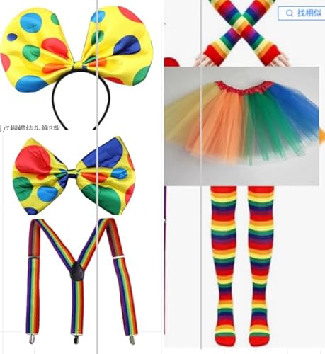 Amazleer Regenbogen Kostüm Set, 6-teilig, Clown Kostüm Zirkus Outfit Set mit Regenbogen Tutu Rock, Gestreiften Socken, Y-Back Trägern, Haarbändern Fliege Karneval, Halloween (Mehrfarbig, One Size) Amazleer Regenbogen Kostüm Set, 6-teilig, Clown Kostüm Zirkus Outfit Set mit Regenbogen Tutu Rock, Gestreiften Socken, Y-Back Trägern, Haarbändern Fliege Karneval, Halloween (Mehrfarbig, One Size) von Amazleer