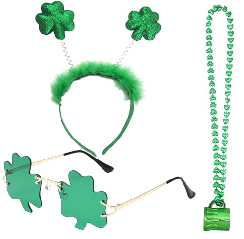 Amazleer St. Patrick's Day Kostümzubehör-Set, grünes Stirnband, Sonnenbrille, Kleeblatt, Perlenketten für Erwachsene (grün, 3 Stück) von Amazleer