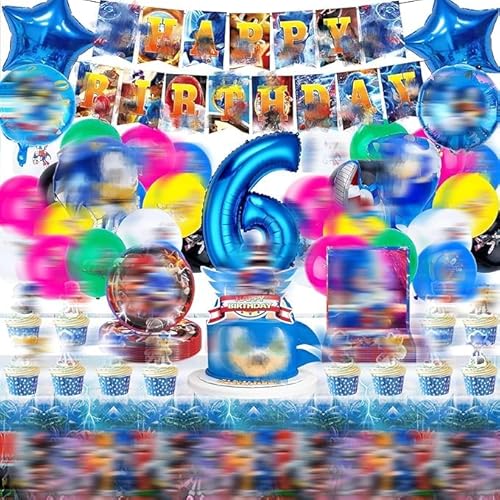 70 Stück Partygeschirr Geburtstagsdeko 6 Jahre,Geburtstagsdeko Luftballon Party Geburtstag Deko Birthday BannerTableware Supplies Foil Balloons Tischdecken Teller Servietten Tassen Kuchen Deko Kinder von Amazluck