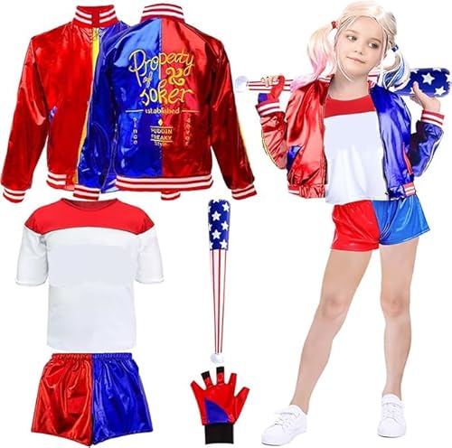 Quin-n Kostüm Kinder, Cosplay Kostüm Mädchen Bösewicht Kostüm Cosplay Mit Jacke T-Shirt Shorts Handschuh Aufblasbarer Baseballschläger Joker Kostüm Kinder für Karneval Halloween Kinder Karneval Quin-n Kostüm Kinder, Cosplay Kostüm Mädchen Bösewicht Kostüm Cosplay Mit Jacke T-Shirt Shorts Handschuh Aufblasbarer Baseballschläger Joker Kostüm Kinder für Karneval Halloween Kinder Karneval von Amazluck
