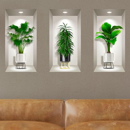 3D-Aufkleber | Wandaufkleber selbstklebend 3D-Effekt Pflanzen in seinen schönen Vasen – Wandaufkleber Schlafzimmer Erwachsene – 3D-Wandaufkleber – Wohnzimmer – Wandaufkleber Trompe l'oeil | 60 x 90 cm von Ambiance Sticker