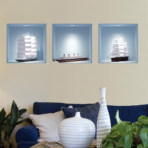 3D-Aufkleber | Wandaufkleber selbstklebend 3D-Effekt Titanic und Segelboote – Wandaufkleber Schlafzimmer Erwachsene – 3D-Wandaufkleber – Dekoration für Wohnzimmer – Wandaufkleber Trompe l'oeil | 30 x von Ambiance Sticker