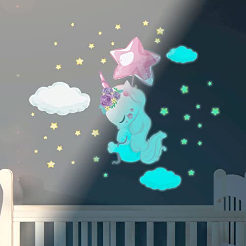 Ambiance Sticker Leuchtend Phosphoreszierend - Fliegendes Einhorn - Fluoreszierender Deckenaufkleber für Kinder | H30 x L40 cm + 110 sterne von Ambiance Sticker