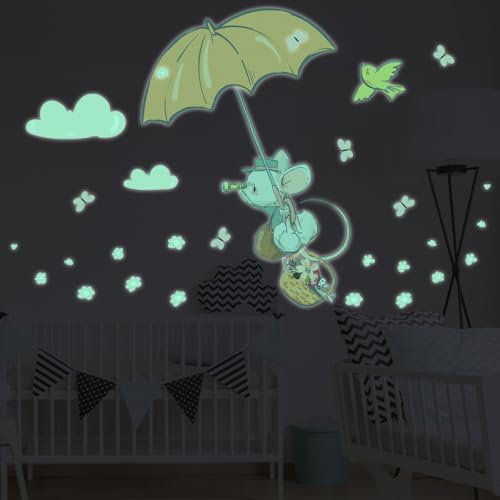 Ambiance Sticker Leuchtender Wandaufkleber für Kinder, fluoreszierend, Maus im Regenschirm, Höhe 130 x Länge 80 cm von Ambiance Sticker