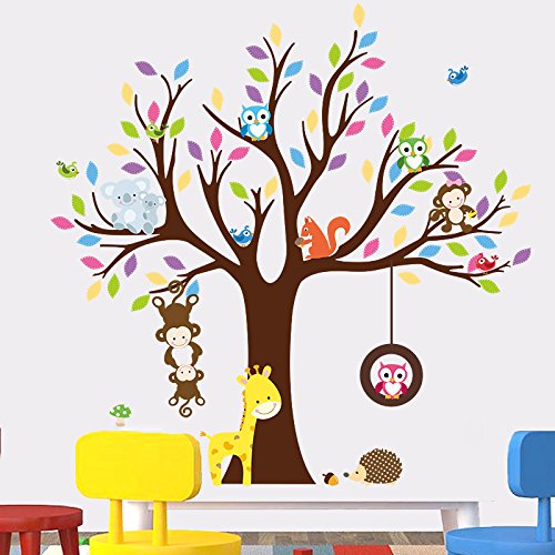 Aufkleber für Kinder | selbstklebend Riesenbaum und Tiere – Wanddekoration Kinderzimmer | 90 x 60 cm von Ambiance Sticker