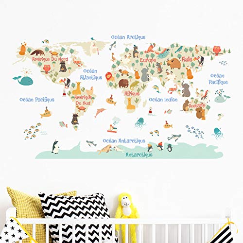 Sticker für Kinder | Wandaufkleber Weltkarte – Wanddekoration Kinderzimmer | 60 x 100 cm von Ambiance Sticker