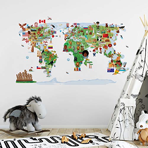 Sticker für Kinder | Wandaufkleber Weltkarte – Wanddekoration Kinderzimmer | 60 x 105 cm von Ambiance Sticker