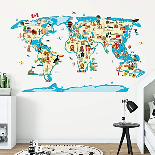 Sticker für Kinder | Wandaufkleber Weltkarte – Wanddekoration Kinderzimmer | 60 x 110 cm von Ambiance Sticker