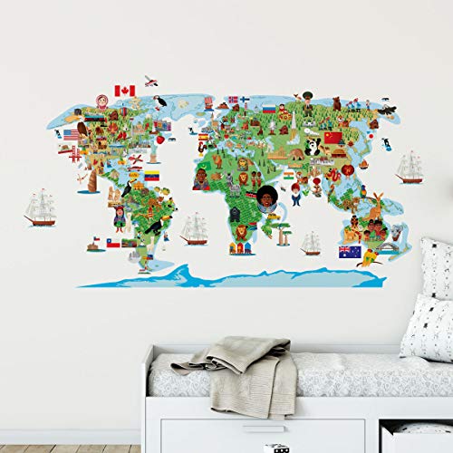 Sticker für Kinder | Wandaufkleber Weltkarte – Wanddekoration Kinderzimmer | 90 x 160 cm von Ambiance Sticker