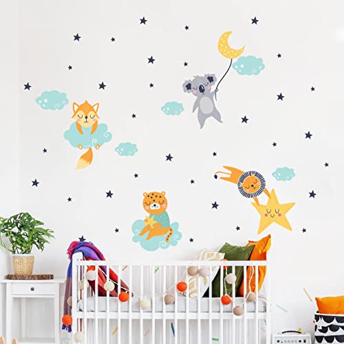 Wandsticker Kinder Dekoration Babyzimmer Wandtattoo Kinderzimmer Schlafzimmer Wandaufkleber Tiere im Mond Hell H60 x 90 cm von Ambiance Sticker