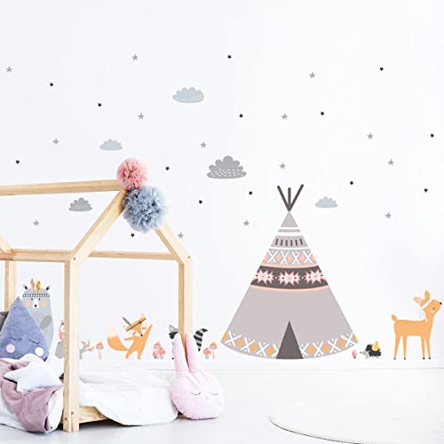 Wandsticker Kinder Dekoration Babyzimmer Wandtattoo Kinderzimmer Wandaufkleber Fuchs Skandinavische Tiere Indianer Tipis Wandsticker H60 x 90 cm von Ambiance Sticker