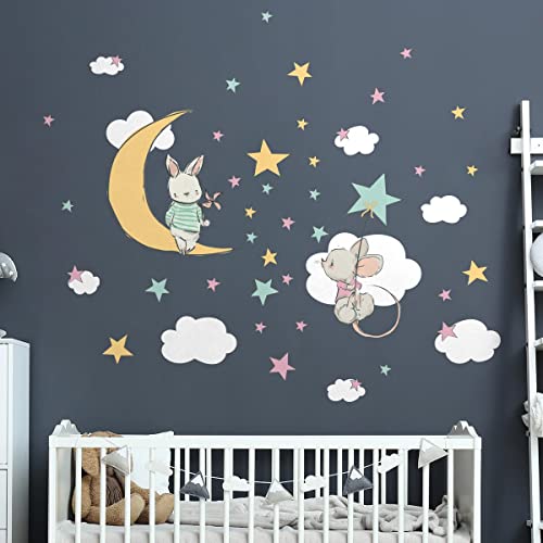 Wandsticker Kinder - Dekoration Babyzimmer - Wandtattoo Kinderzimmer - Wandaufkleber Hase und Maus auf der Suche nach den Sternen - H80 x 60 cm von Ambiance Sticker