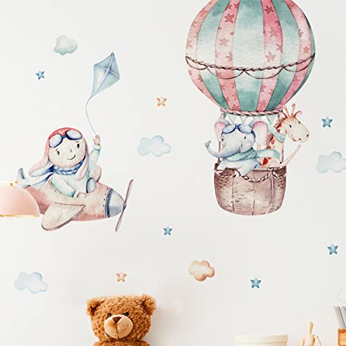 Wandsticker Kinder Dekoration Babyzimmer Wandtattoo Kinderzimmer Wandaufkleber Heißluftballon und Tiere Piloten Line H90 x 60 cm von Ambiance Sticker