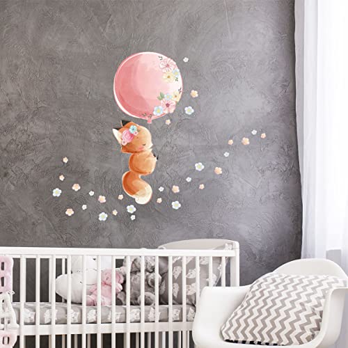 Wandsticker für Kinder, Dekoration Babyzimmer, Wandaufkleber für Kinderzimmer, Fuchs und Ballon + 60 Blumen – H30 x 35 cm von Ambiance Sticker