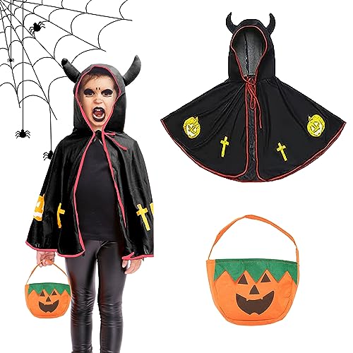 Amebleak Kinder Halloween Kostüm, Kostüm für Kinder Teufelkostüm, Teufel Umhang mit Kürbis Candy Bag, Witch Cape Umhang für Cosplay Verkleidung Fasching Karneval Halloween Geburtstagsparty (Schwarz) Amebleak Kinder Halloween Kostüm, Kostüm für Kinder Teufelkostüm, Teufel Umhang mit Kürbis Candy Bag, Witch Cape Umhang für Cosplay Verkleidung Fasching Karneval Halloween Geburtstagsparty (Schwarz) von Amebleak