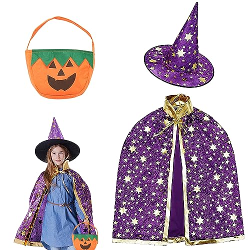 Amebleak Kinder Halloween Kostüm, Wizard Cape Witch Umhang mit Hut und Kürbis Candy Bag, Hexe Zauberer Umhang für Jungen Mädchen Cosplay Party (Lila) von Amebleak