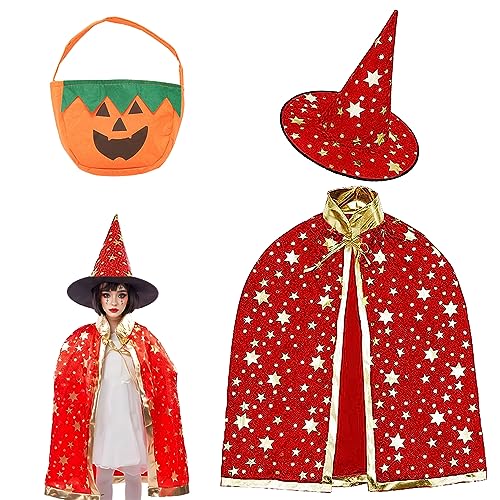 Amebleak Kinder Halloween Kostüm, Wizard Cape Witch Umhang mit Hut und Kürbis Candy Bag, Hexe Zauberer Umhang für Jungen Mädchen Cosplay Party (Rot) von Amebleak