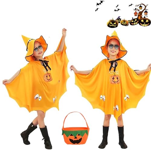 Amebleak Kinder Halloween Kostüm, Zauberer Umhang mit Hut und Kürbis Candy Bag, Halloween Kostüme für Kinder Witch Umhang Wizard Cape Cosplay Requisiten (Gelb) von Amebleak
