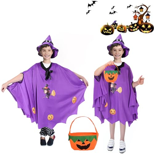 Amebleak Kinder Halloween Kostüm, Zauberer Umhang mit Hut und Kürbis Candy Bag, Halloween Kostüme für Kinder Witch Umhang Wizard Cape Cosplay Requisiten (Lila) von Amebleak