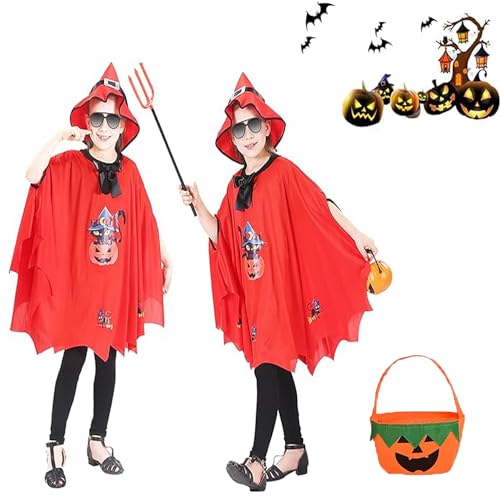 Amebleak Kinder Halloween Kostüm, Zauberer Umhang mit Hut und Kürbis Candy Bag, Halloween Kostüme für Kinder Witch Umhang Wizard Cape Cosplay Requisiten (Rot) von Amebleak