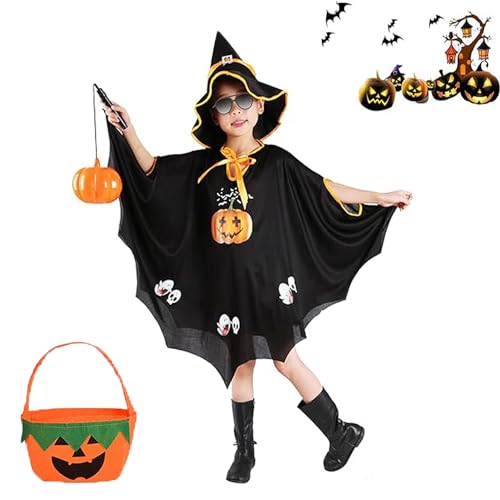 Amebleak Kinder Halloween Kostüm, Zauberer Umhang mit Hut und Kürbis Candy Bag, Halloween Kostüme für Kinder Witch Umhang Wizard Cape Cosplay Requisiten (Schwarz) von Amebleak