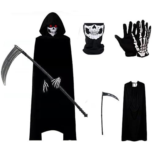 Amebleak Sensenmann Kostüm, Halloween Umhang Schal Handschuhe Sense Set, Halloween Sensenmann Kapuzenumhang, Halloween Kostüm Erwachsene für Dekoration, Cosplay, Karneval Amebleak Sensenmann Kostüm, Halloween Umhang Schal Handschuhe Sense Set, Halloween Sensenmann Kapuzenumhang, Halloween Kostüm Erwachsene für Dekoration, Cosplay, Karneval von Amebleak