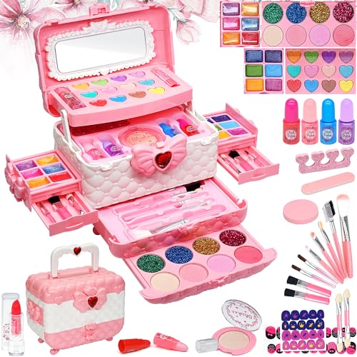 Kinderschminke Set Mädchen Schminkkoffer Kinder- Sicheres und Waschbares Schminke Kinder, Echtes Make Up Set , Prinzessin Geschenke für Mädchen 4 5 6-12 Jahre(Pink) von Amerrly