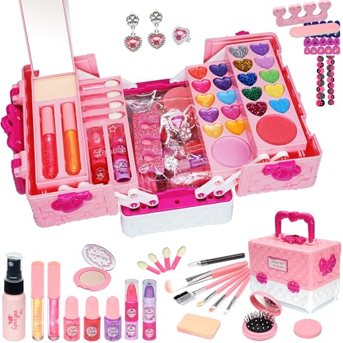 Amerrly Kinderschminke Set Mädchen Schminkkoffer Mädchen - 57 PCS Waschbar und Sicher Kinder Schminkset Mädchen, Prinzessin Mädchen Spielzeug 4-12,Party Geburtstag Weihnachten Geschenke für Mädchen von Amerrly