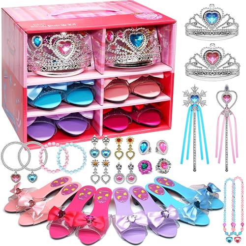 Prinzessin Schuhe Spielzeug für Mädchen - 4 Paar Schuhe und 2 Sätze Spiel-Schmuck-Boutique, Geburtstag Weihnachten Geschenke 3-6 Jahre von Amerrly