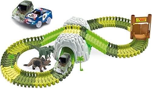 Amewi Rennbahn Magic TRAXX, Autorennen im Dino Park, 374 Teile Mega Set mit Tunnel und Aufbewahrungsbox von Amewi