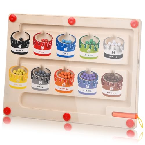 Amexo Magnetspiel Labyrinth Spielzeug, Montessori Holz Farben Lernen Sortierspiel, Magnetisches Farb und Zahlenlabyrinth Spielzeug, Magnete Kinder Motorikspielzeug Geschenk für 3 4 5 6 Jahre Kinder von Amexo