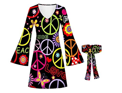 Amfcv Damen-Hippie-Outfits 70er-Jahre-Vintage-Kleid mit Stirnband, Kostüm für Party, Hallowen (S, B04) von Amfcv