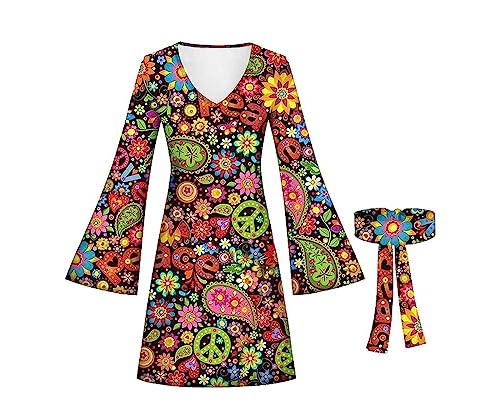Amfcv Damen Hippie-Outfits 70er Jahre Vintage Kleid mit Stirnband Kostüm für Party Hallowen(XXXL, B01) von Amfcv