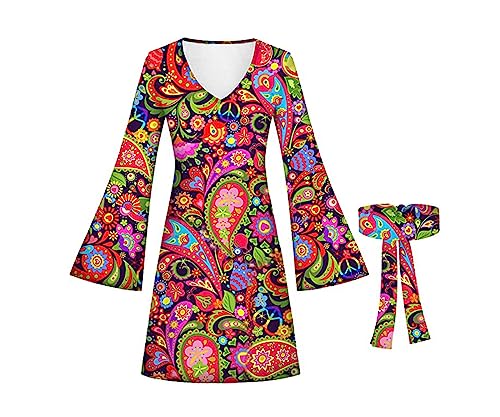 Amfcv Damen Hippie-Outfits 70er Jahre Vintage Kleid mit Stirnband Kostüm für Party Hallowen(XXXL, B02) von Amfcv