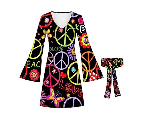 Amfcv Damen Hippie-Outfits 70er Jahre Vintage Kleid mit Stirnband Kostüm für Party Hallowen(XXXL, B04) von Amfcv