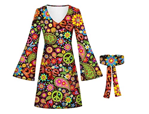 Amfcv Damen Hippie-Outfits 70er Jahre Vintage Kleid mit Stirnband Kostüm für Party Hallowen (M, B01) von Amfcv