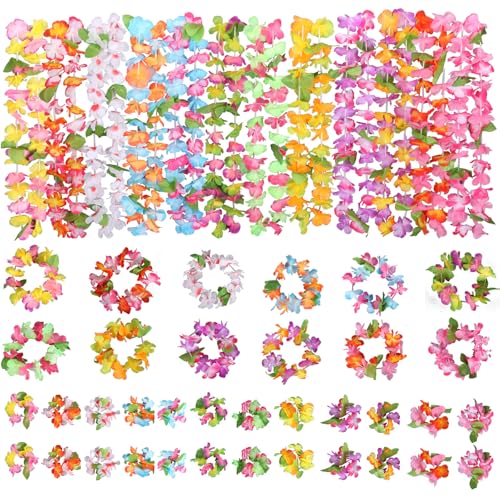 48 Stück Hawaii Leis Party Dekorationen Hawaii Blume Halskette Blumen Armbänder Stirnband für Tropische Hawaii-Party Thema Strandparty Hawaii Nachtbar Strandurlaub von Amicably