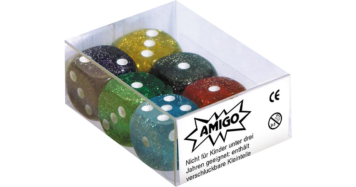 6 Würfel 16mm Glitter 6 verschiedene Farben von Amigo