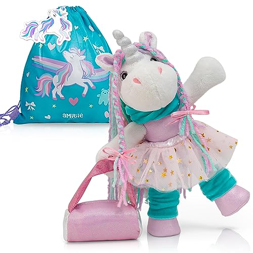 Itsy Unicorn Stofftier - Rosa Einhorn Plüschtier mit Verkleidungskleidung als Ballerina-Puppe, geeignet als Geschenk für Einhornmädchen im Einhornspielzeug für Mädchen im Alter von 6-8 Jahren von Amitié Lane