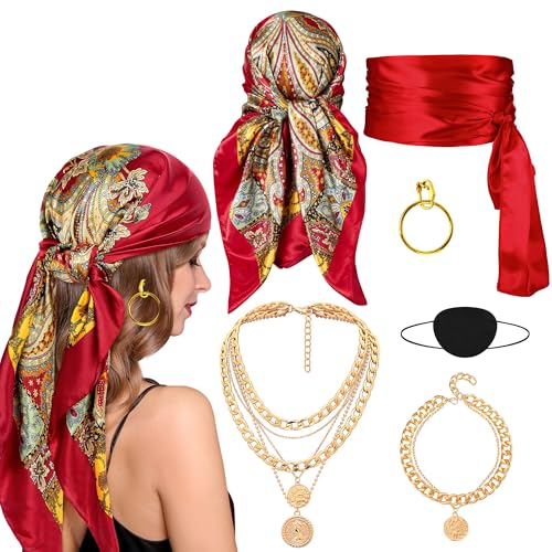 Amlisia 6 Stück Piraten Kostüm Zubehör Set, Damen Kapitän Piraten Kostüm Zubehör mit Bandana Kopftuch Schärpe Halskette Schmuck Augenklappe für Karneval Fasching Mottoparty (Rot) von Amlisia