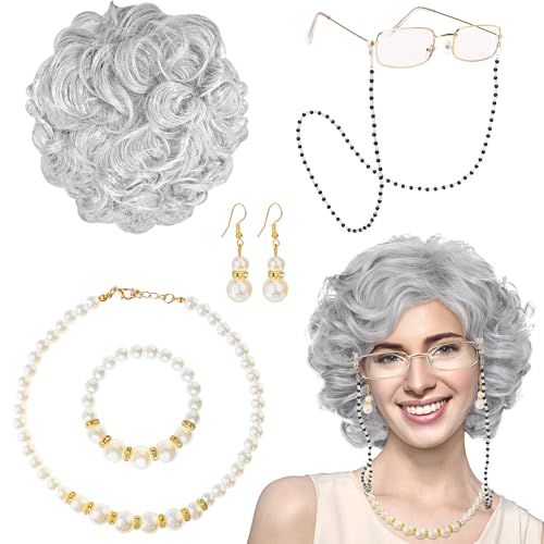 Amlisia Alte Dame Perücke Kostüm Set für Frauen, Kurz gelockt Alte Frauen Oma Silber Grau Oma Perücke Kostüm Zubehör Mädchen (Silbergrau) von Amlisia