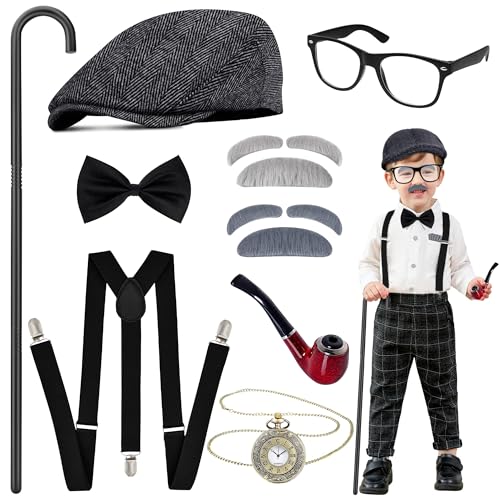 Amlisia Alter Mann Kostüm für Kinder, Kinder Alter Mann Kostüm Nerd Kostüm Set Gangster Opa Kostüm Set für Kinder für Karneval Fasching Mottoparty Cosplay von Amlisia