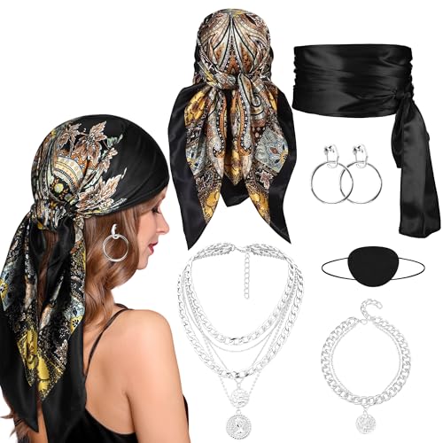 Amlisia Piraten Zubehör Frauen, Piraten Kostüm Zubehör Outfit Erwachsene mit Kopftuch Schal Augenklappe Schärpe Schmuck für Cosplay Party von Amlisia